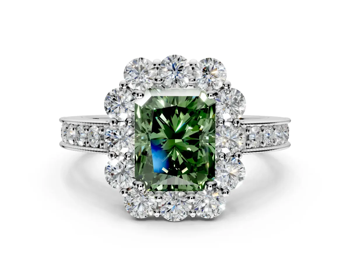 Halo Engagement Ring Setting for Fancy Green Radiant Cut Center with Milgrain Channel Band and Prong Head in Sterling Silver