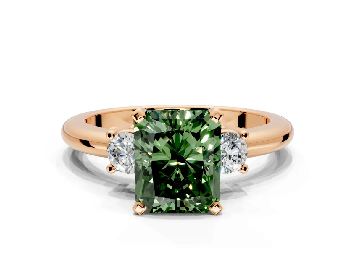 3 Stone Engagement Ring Setting for Fancy Green Radiant Cut Center with Wide Plain Band and Prong Head in Rose Gold