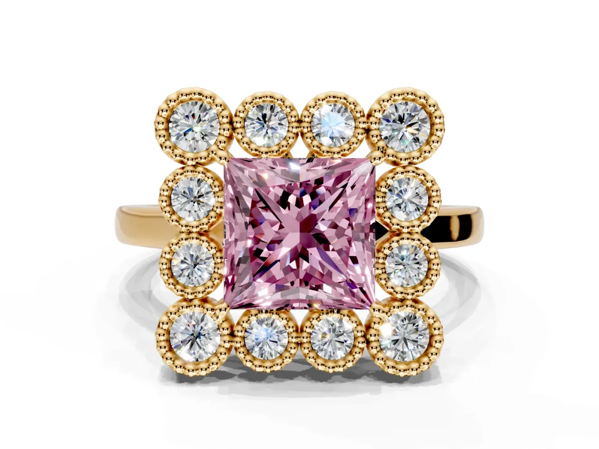 Cluster Halo Engagement Ring Setting for Fancy Pink Princess Cut Center with Milgrain Bezel Accents and Prong Head in Yellow Gold