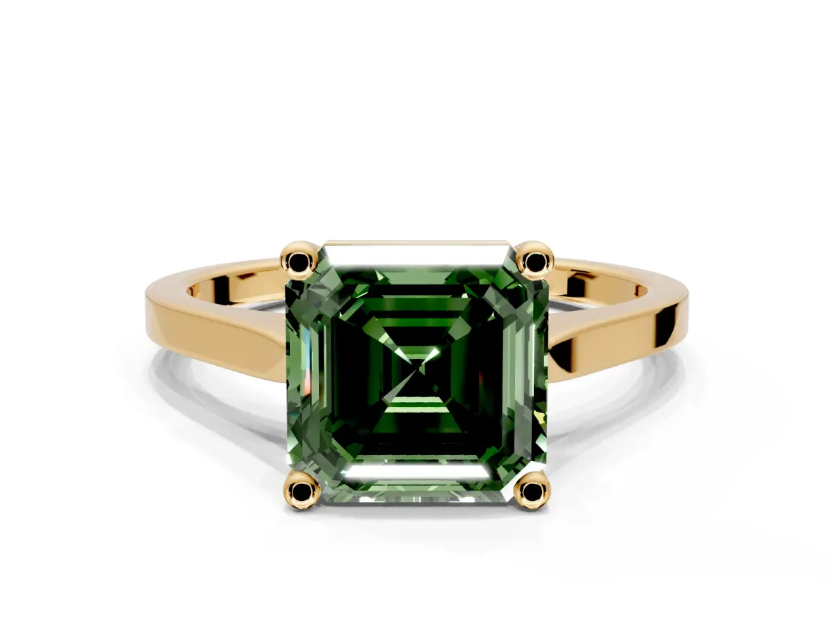 Solitaire Engagement Ring Setting for Fancy Green Asscher Cut Center with Tapered Shoulders and Prong Head in Yellow Gold