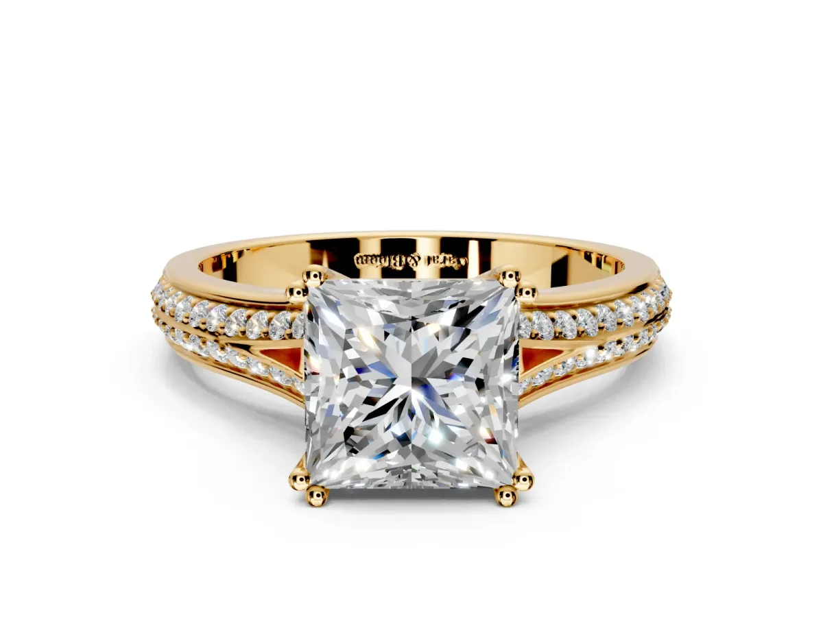 Solitaire Engagement Ring Setting for Princess Cut Center with Pave Rail Split Shank and Prong Head in Yellow Gold