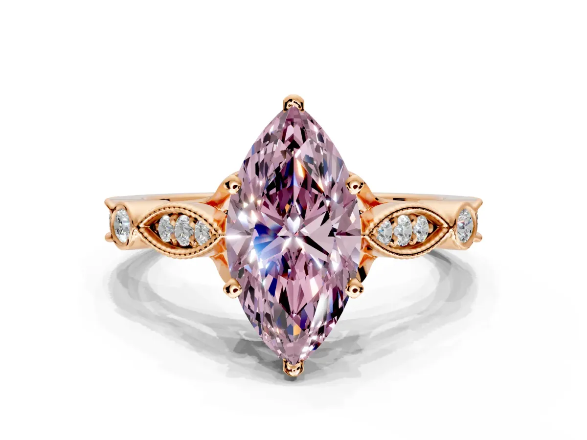 Solitaire Engagement Ring Setting for Fancy Pink Marquise Center with Marquise and Bezel Accents and Prong Head in Rose Gold