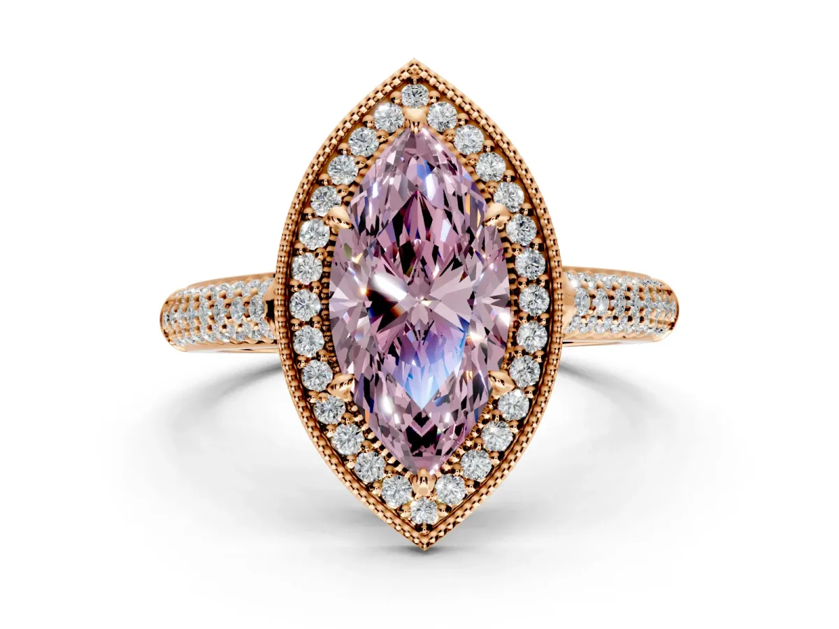 Milgrain Halo Engagement Ring Setting for Fancy Pink Marquise Center with Three-Sided Pave Band and Prong Head in Rose Gold