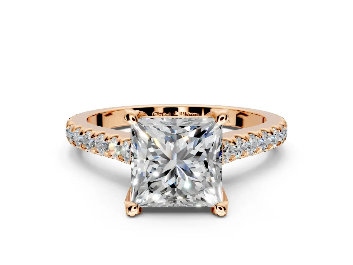 Solitaire Engagement Ring Setting for Princess Cut Center with Widening Pave Band and Claw Prong Head in Rose Gold