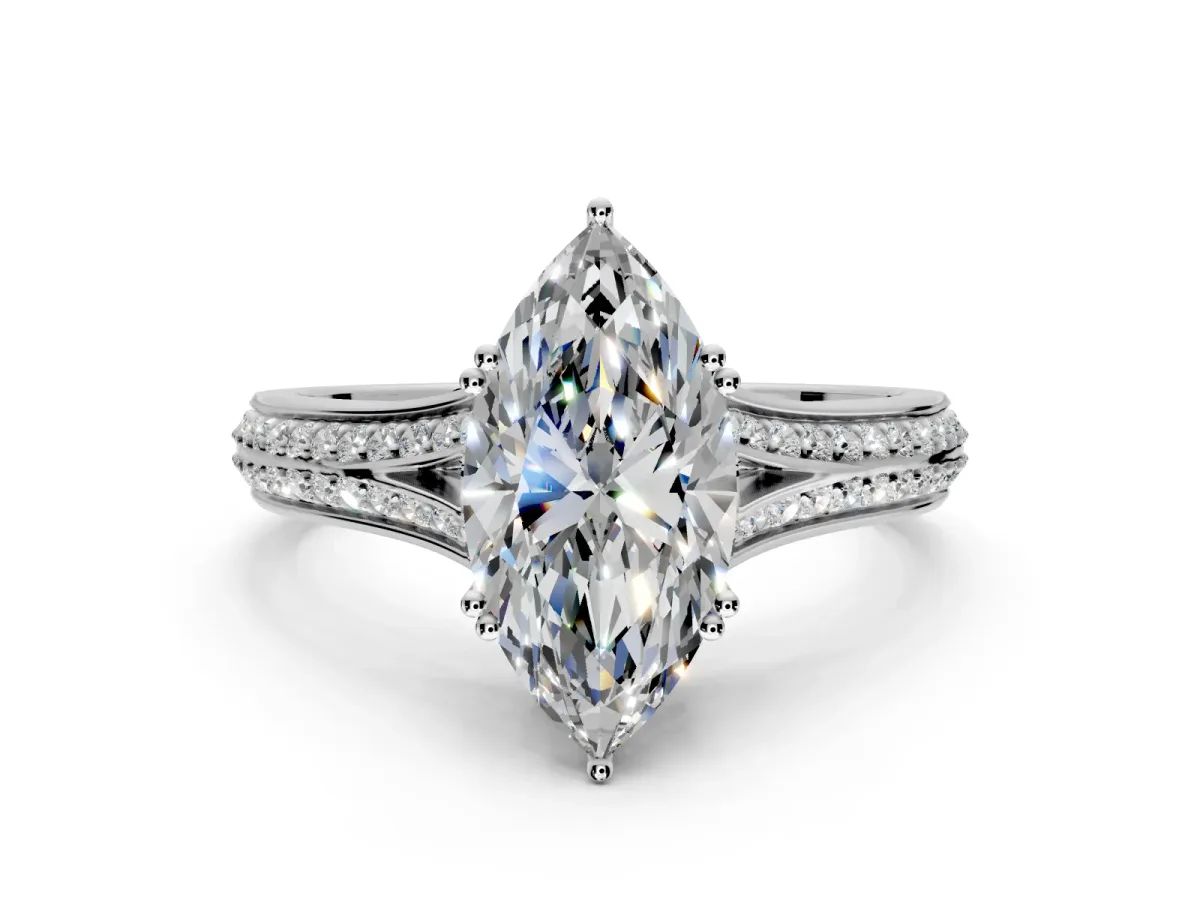 Solitaire Engagement Ring Setting for Marquise Center with Pave Rail Split Shank and Prong Head in Sterling Silver
