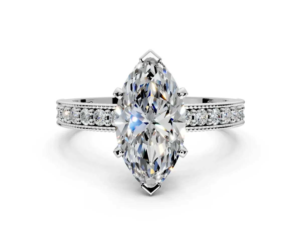 Milgrain Pave Engagement Ring Setting for Marquise Center with Accent Band and Prong Head in Platinum