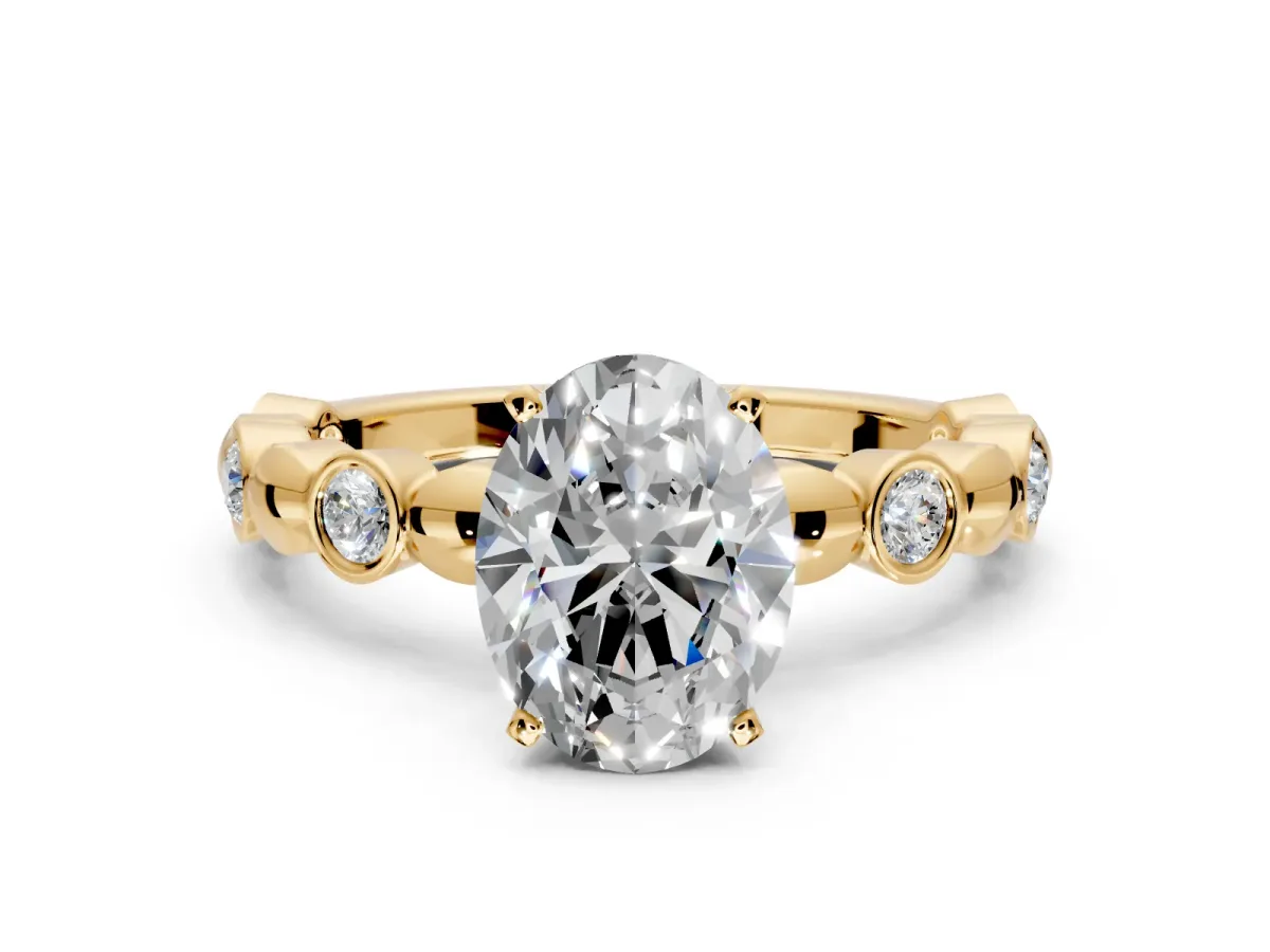 Solitaire Engagement Ring Setting for Oval Center with Beaded Bezel Station Band and Prong Head in Yellow Gold