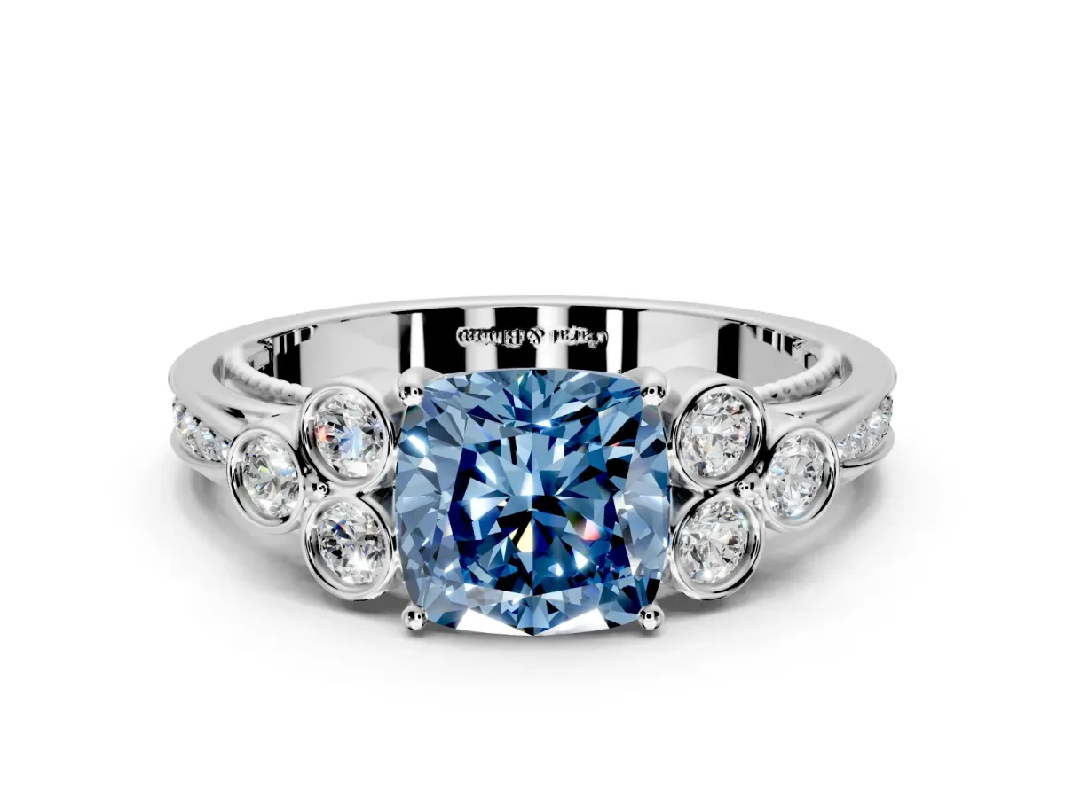 Cluster Engagement Ring Setting for Fancy Blue Cushion Cut Center with Bezel Accent Clusters and Prong Head in White Gold