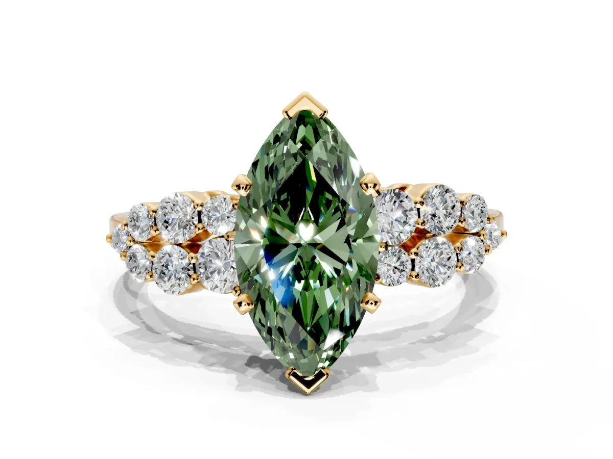 Cluster Engagement Ring Setting for Fancy Green Marquise Center with 2-Row Shoulder Clusters and Prong Head in Yellow Gold