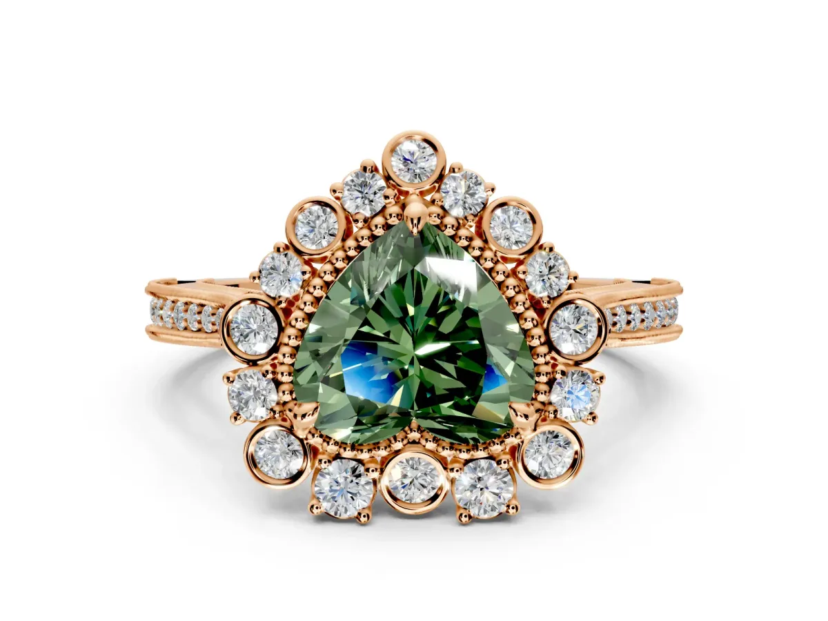 Milgrain Halo Engagement Ring Setting for Fancy Green Heart-Shaped Center with Bezel Point Accents and Prong Head in Rose Gold
