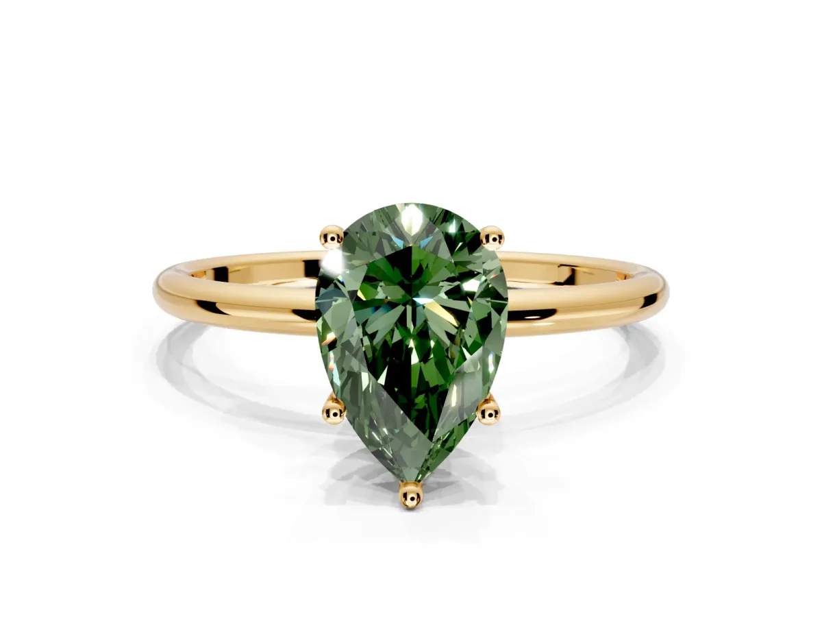 Solitaire Engagement Ring Setting for Fancy Green Pear-Shaped Center with Straight Thin Band and Prong Head in Yellow Gold