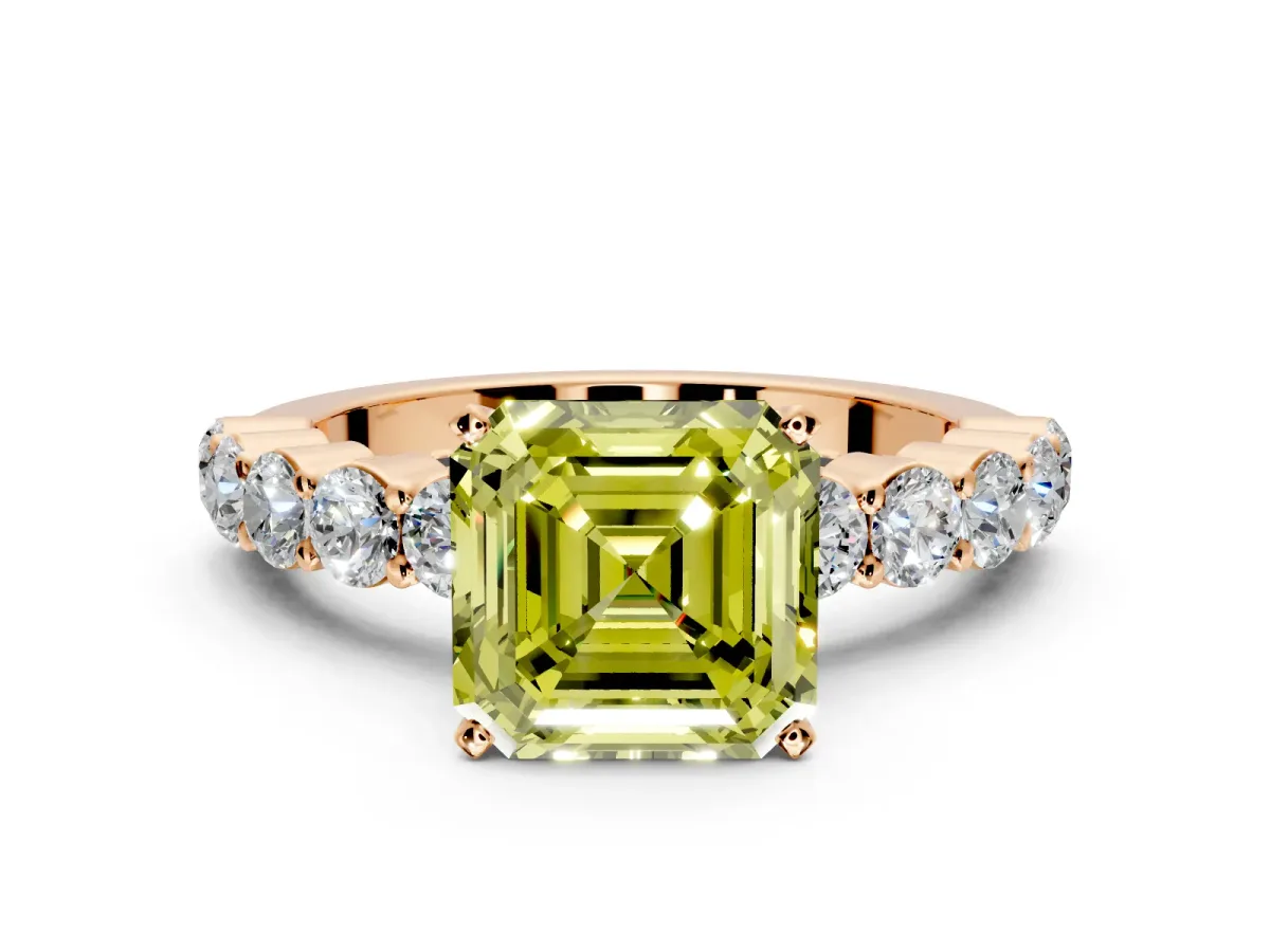 Shared-Prong Engagement Ring Setting for Fancy Yellow Asscher Cut Center with Graduated Accents and Prong Head in Rose Gold