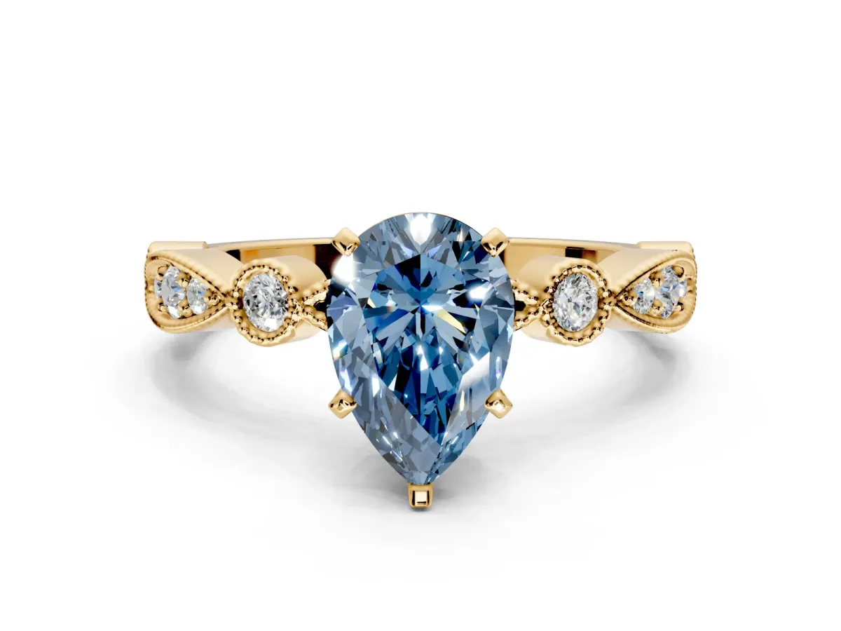 Solitaire Engagement Ring Setting for Fancy Blue Pear-Shaped Center with Milgrain Bezel Accents and Prong Head in Yellow Gold