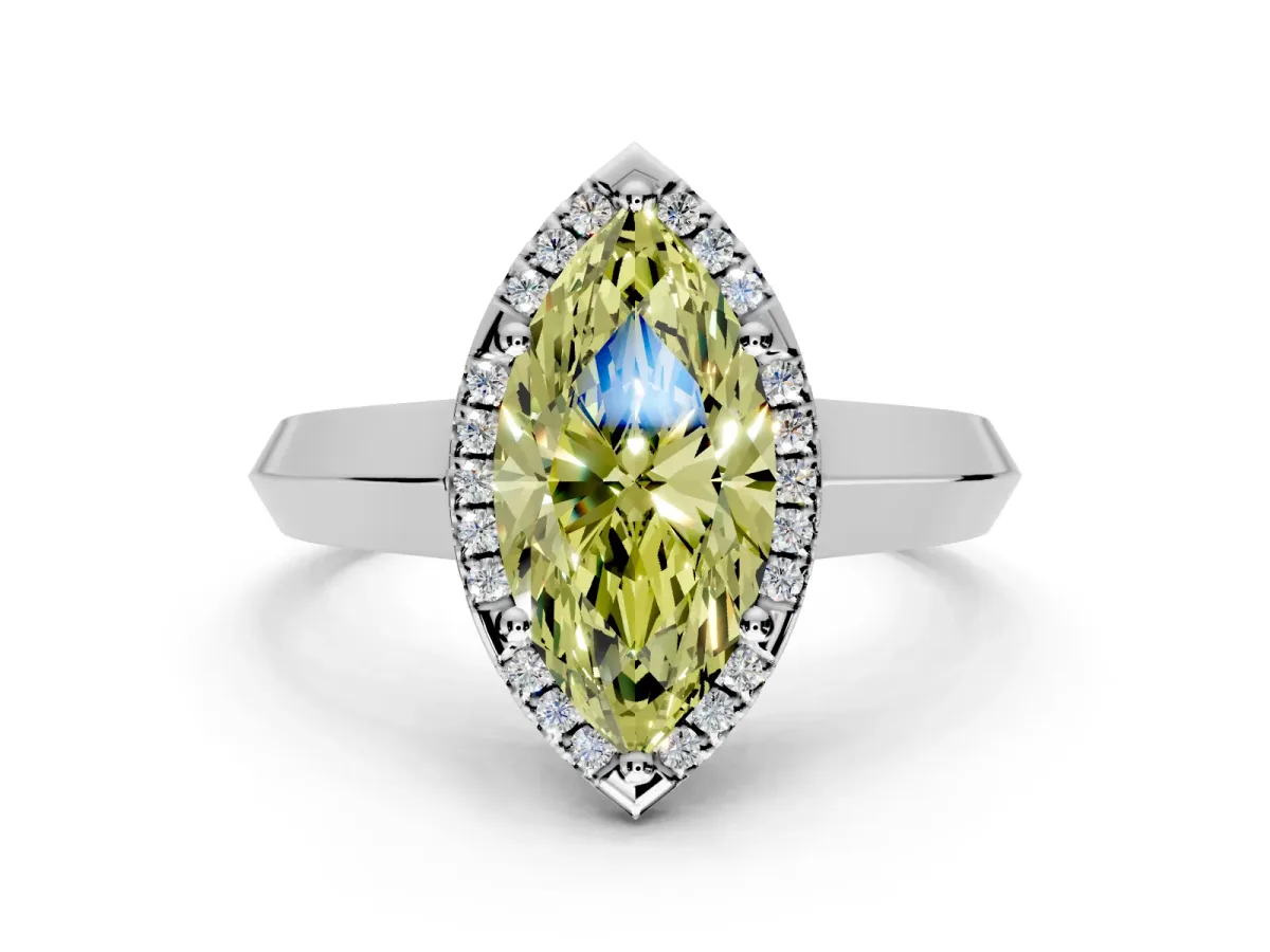 Halo Engagement Ring Setting for Fancy Yellow Marquise Center with Knife Ridge Cathedral Band and Prong Head in White Gold