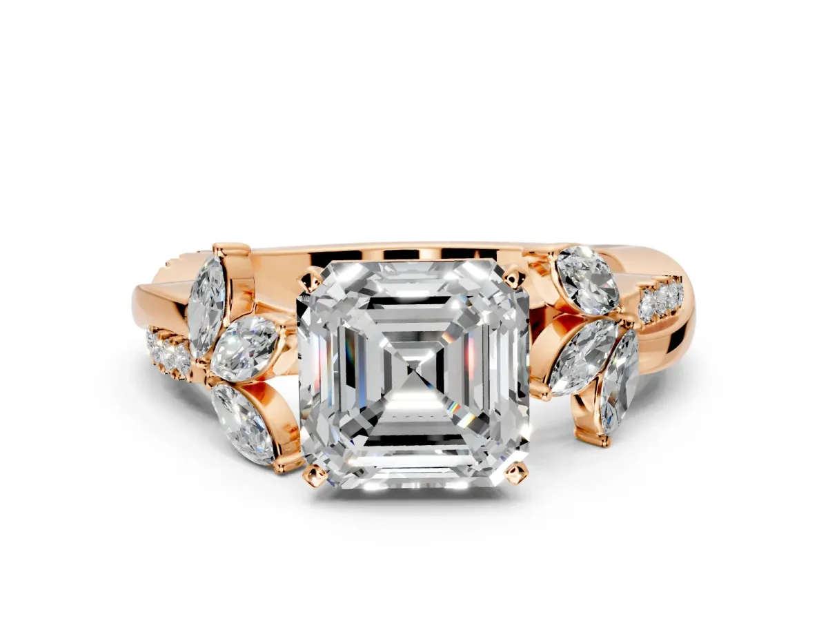 Floral Engagement Ring Setting for Asscher Cut Center with Trailing Marquise Accents and Prong Head in Rose Gold