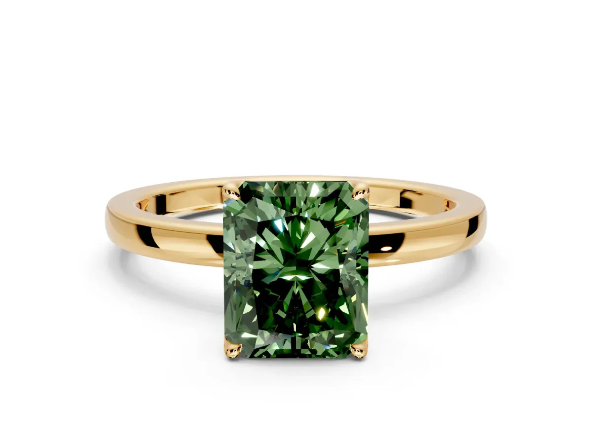 Solitaire Engagement Ring Setting for Fancy Green Radiant Cut Center with Thin Rounded Plain Band and Prong Head in Yellow Gold