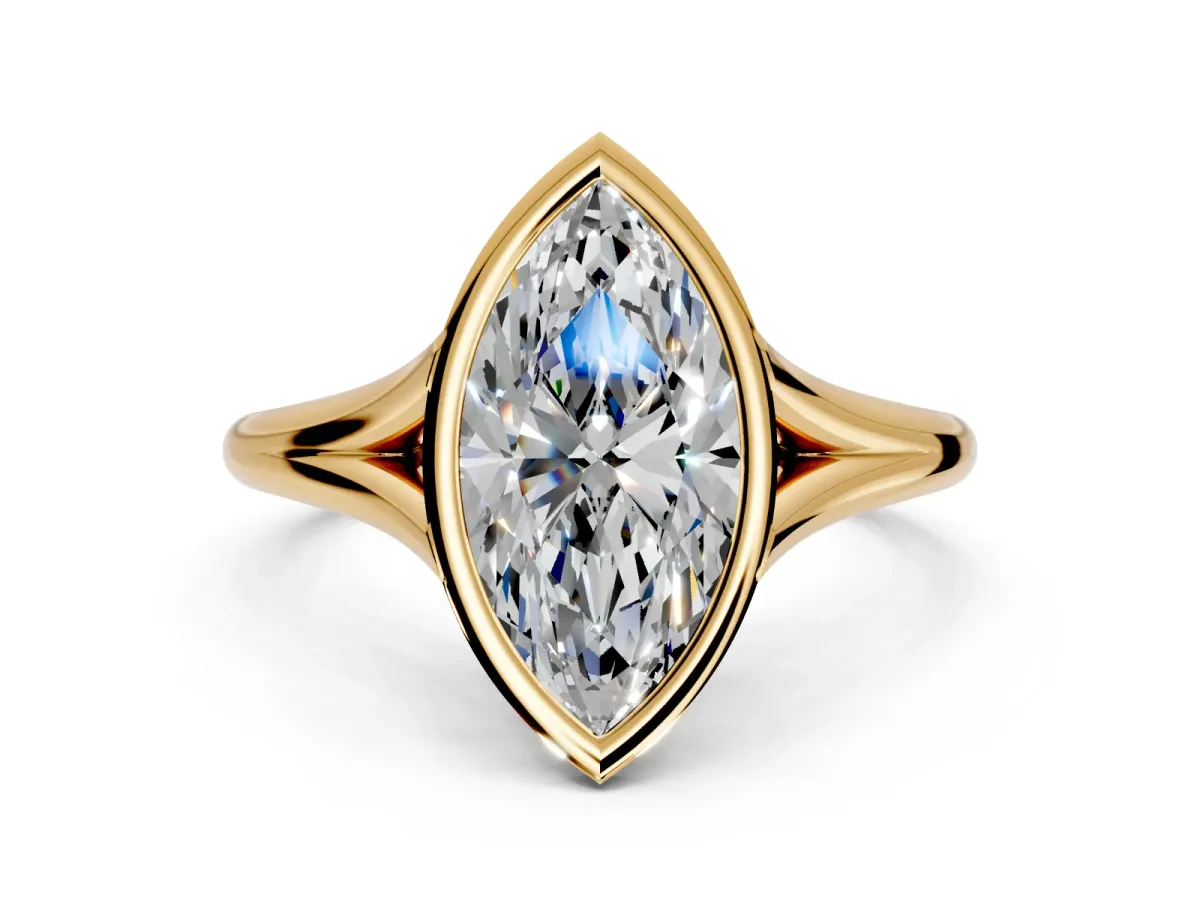 Solitaire Engagement Ring Setting for Marquise Center with V Split Shank and Bezel Head in Yellow Gold
