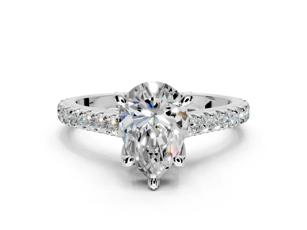 Solitaire Engagement Ring Setting for Pear-Shaped Center with Widening Pave Band and Claw Prong Head in White Gold