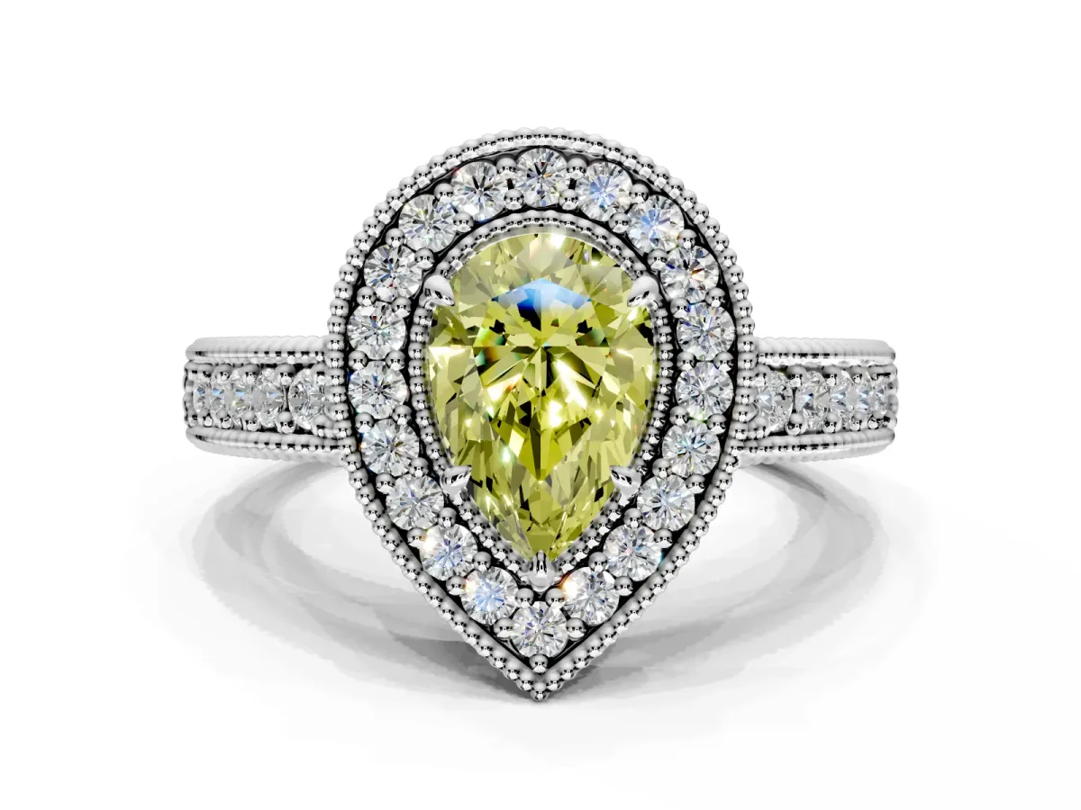 Milgrain Halo Engagement Ring Setting for Fancy Yellow Pear-Shaped Center with Pave Band and Prong Head in Platinum