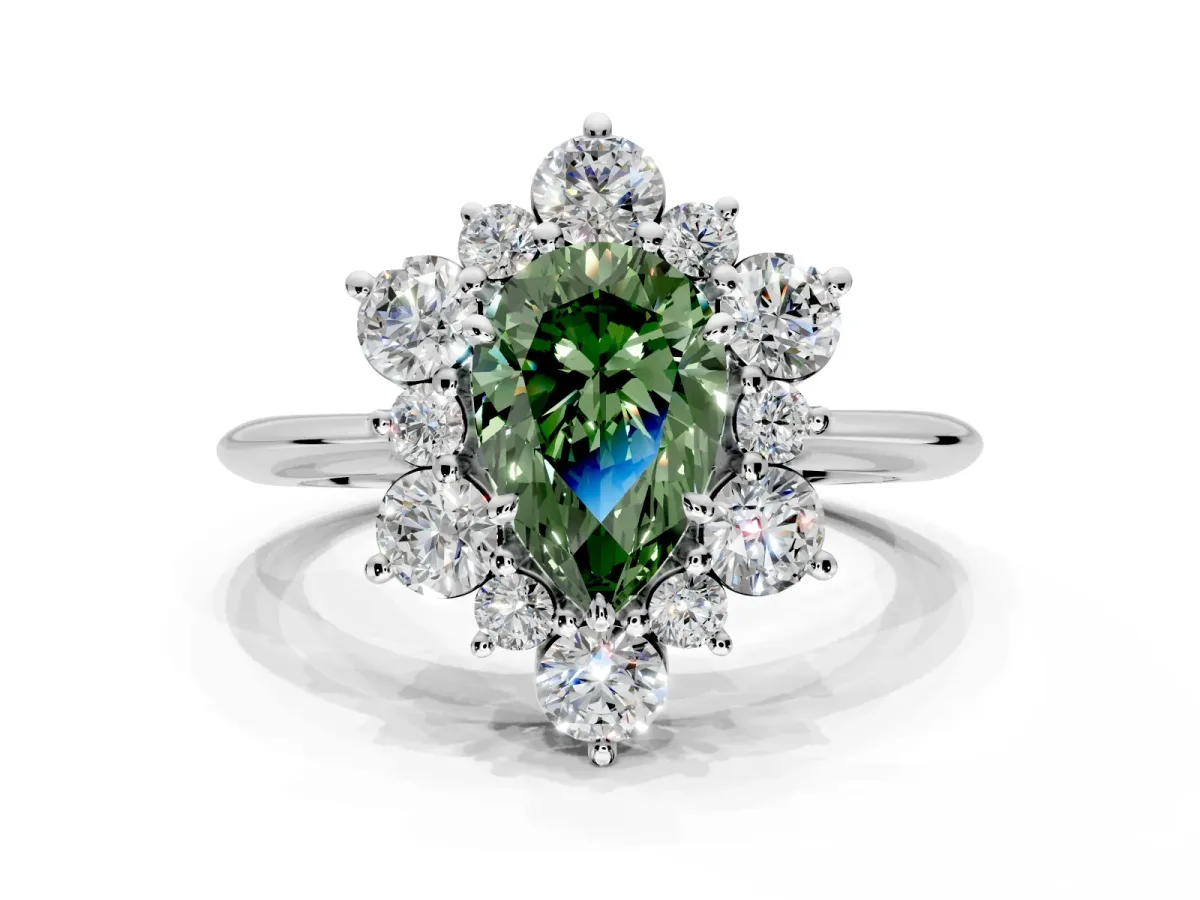 Small-Accent Cluster Halo Engagement Ring Setting for Fancy Green Pear-Shaped Center with Plain Band and Prong Head in White Gold