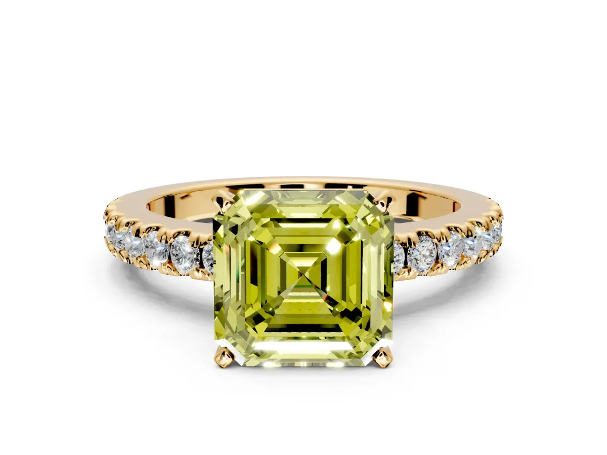 Solitaire Engagement Ring Setting for Fancy Yellow Asscher Cut Center with Single Row Accent Band and Prong Head in Yellow Gold