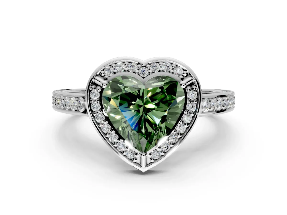 Halo Engagement Ring Setting for Fancy Green Heart-Shaped Center with Framed Halo, Pave Band and Prong Head in Platinum