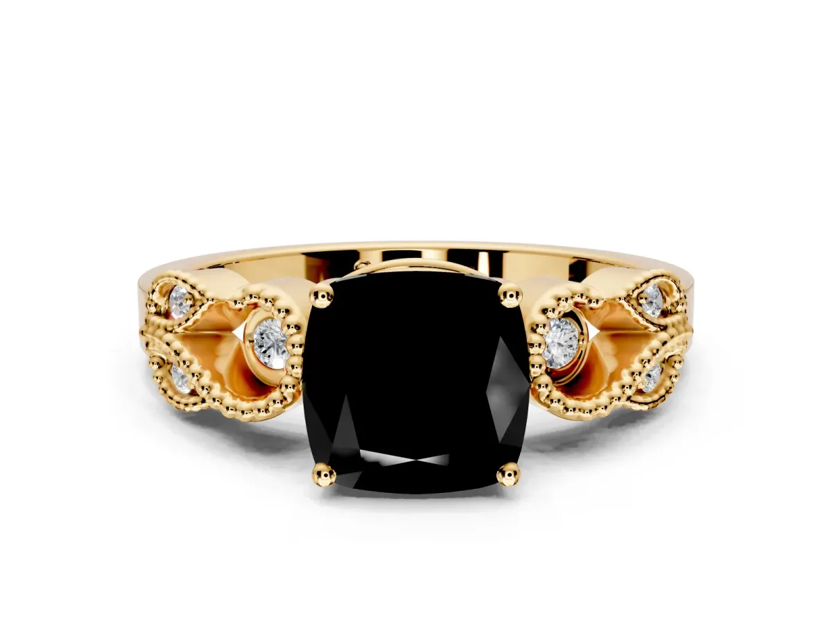 Leaf Engagement Ring Setting for Fancy Black Cushion Cut Center with Milgrain Accent Band and Prong Head in Yellow Gold