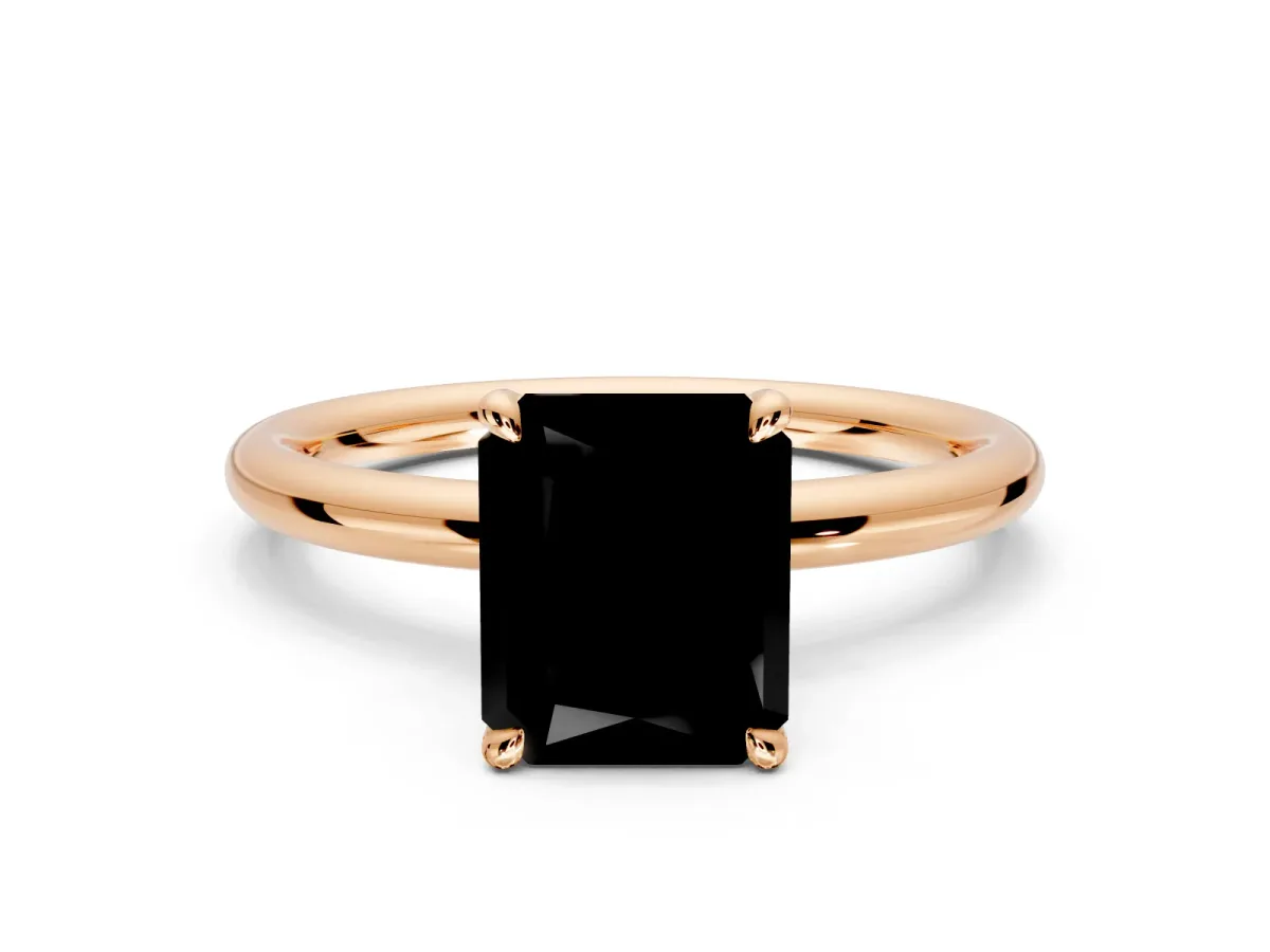 Hidden Halo Engagement Ring Setting for Fancy Black Radiant Cut Center with Thin Rounded Band and Prong Head in Rose Gold