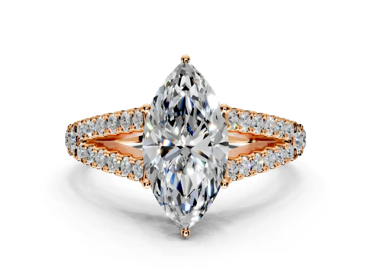 Solitaire Engagement Ring Setting for Marquise Center with Pave Split Shank and Prong Head in Rose Gold