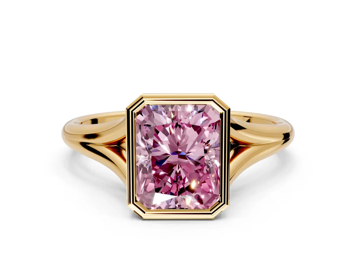 Solitaire Engagement Ring Setting for Fancy Pink Radiant Cut Center with V Split Shank and Bezel Head in Yellow Gold