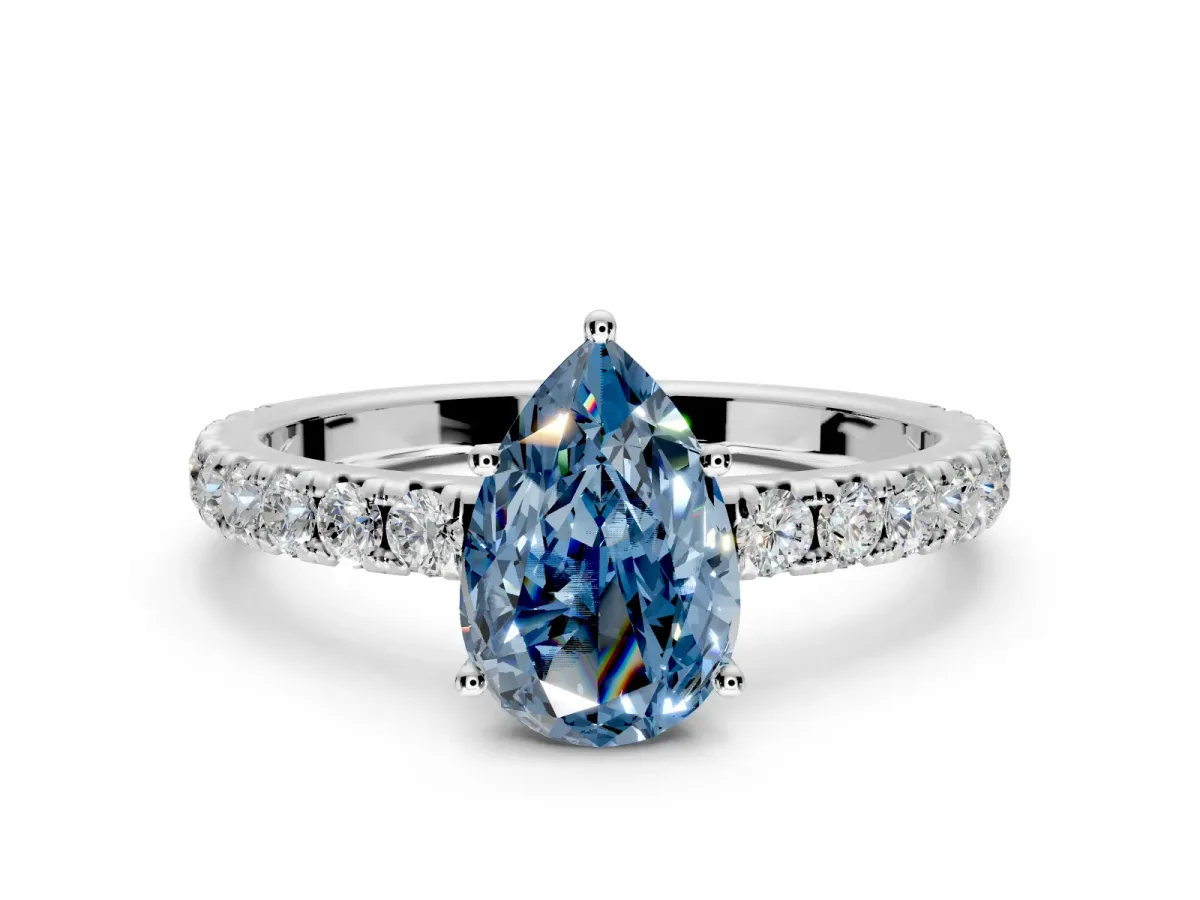 Solitaire Engagement Ring Setting for Fancy Blue Pear-Shaped Center with Large Accent Band and Prong Head in Platinum