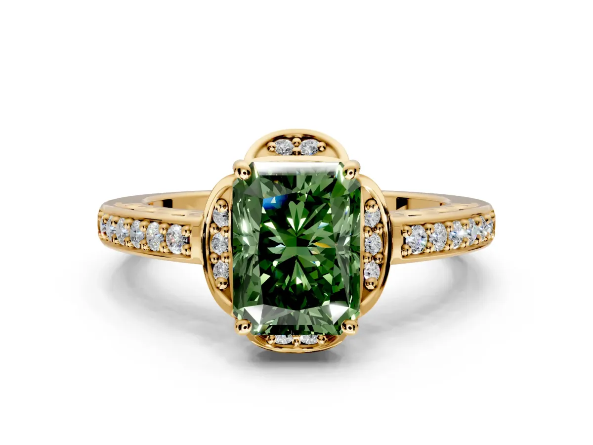 Floral Engagement Ring Setting for Fancy Green Radiant Cut Center with Four Accent Clusters and Prong Head in Yellow Gold