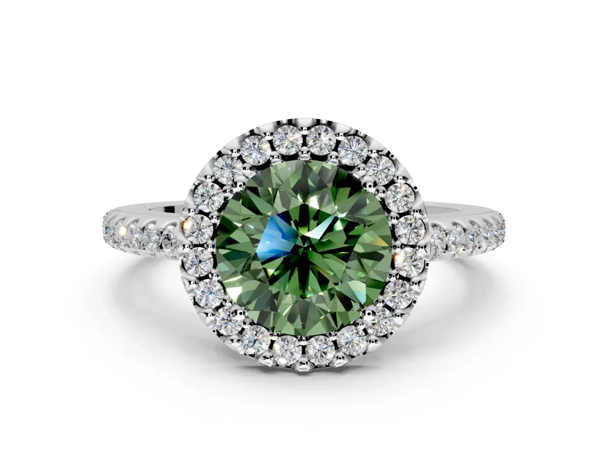 Pave Halo Engagement Ring Setting for Fancy Green Round Cut Center with Single Row Pave Band and Prong Head in White Gold