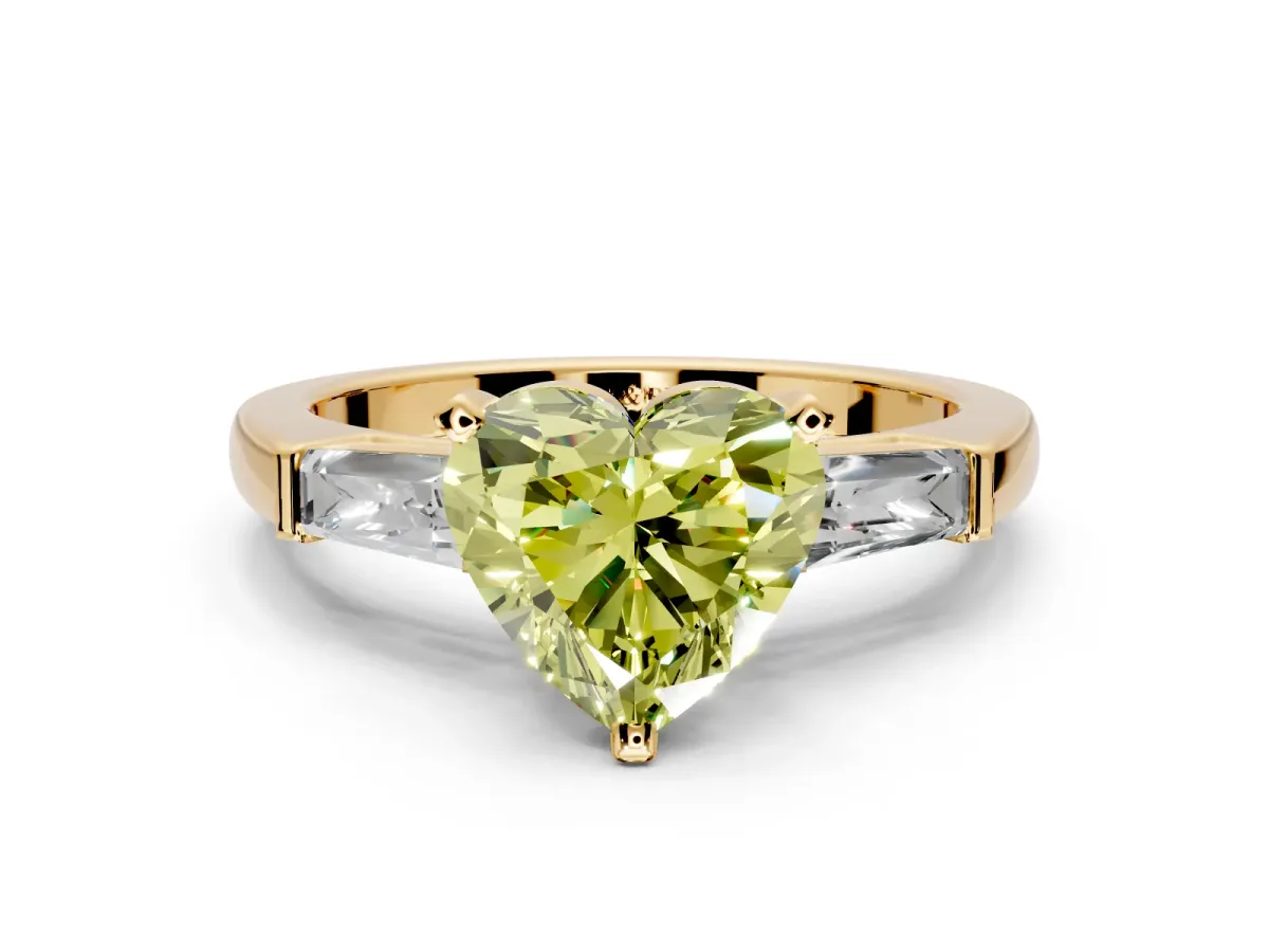 3 Stone Engagement Ring Setting for Fancy Yellow Heart-Shaped Center with Tapered Baguettes, Plain Band and Prong Head in Yellow Gold