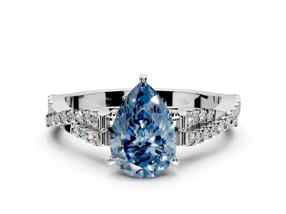 Solitaire Engagement Ring Setting for Fancy Blue Pear-Shaped Center with Twisted Pave Split Shank and Prong Head in Sterling Silver