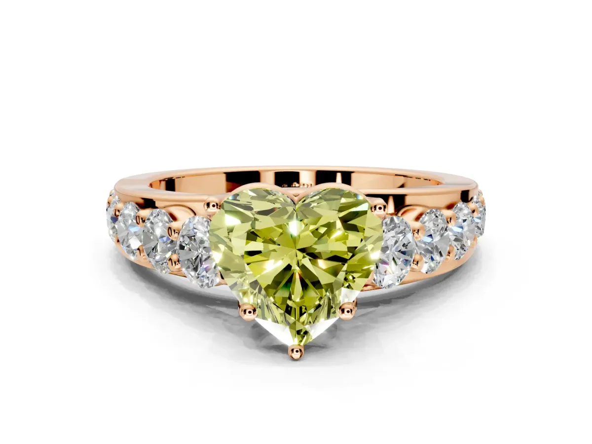 Solitaire Engagement Ring Setting for Fancy Yellow Heart-Shaped Center with Graduated Shared Prongs and Prong Head in Rose Gold
