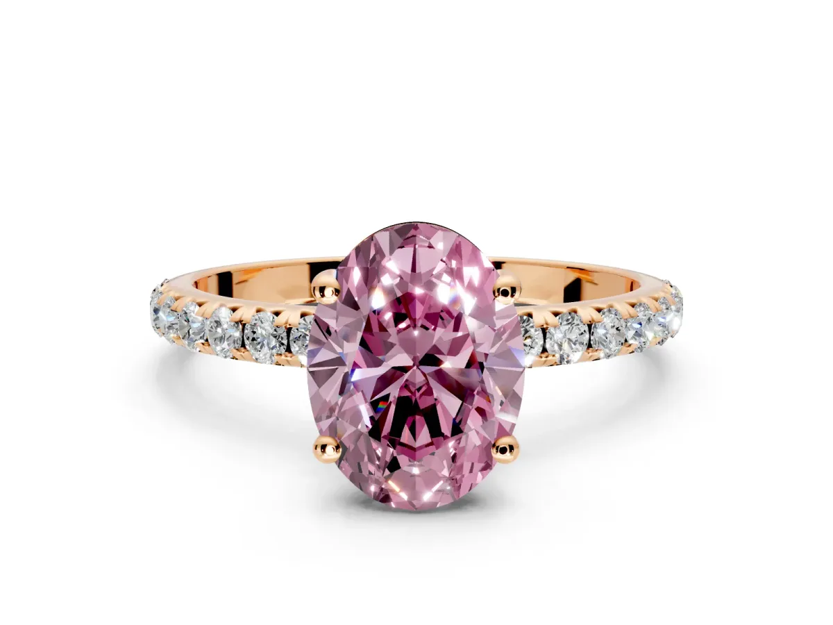 Solitaire Engagement Ring Setting for Fancy Pink Oval Center with Micro Pave Band and Prong Head in Rose Gold