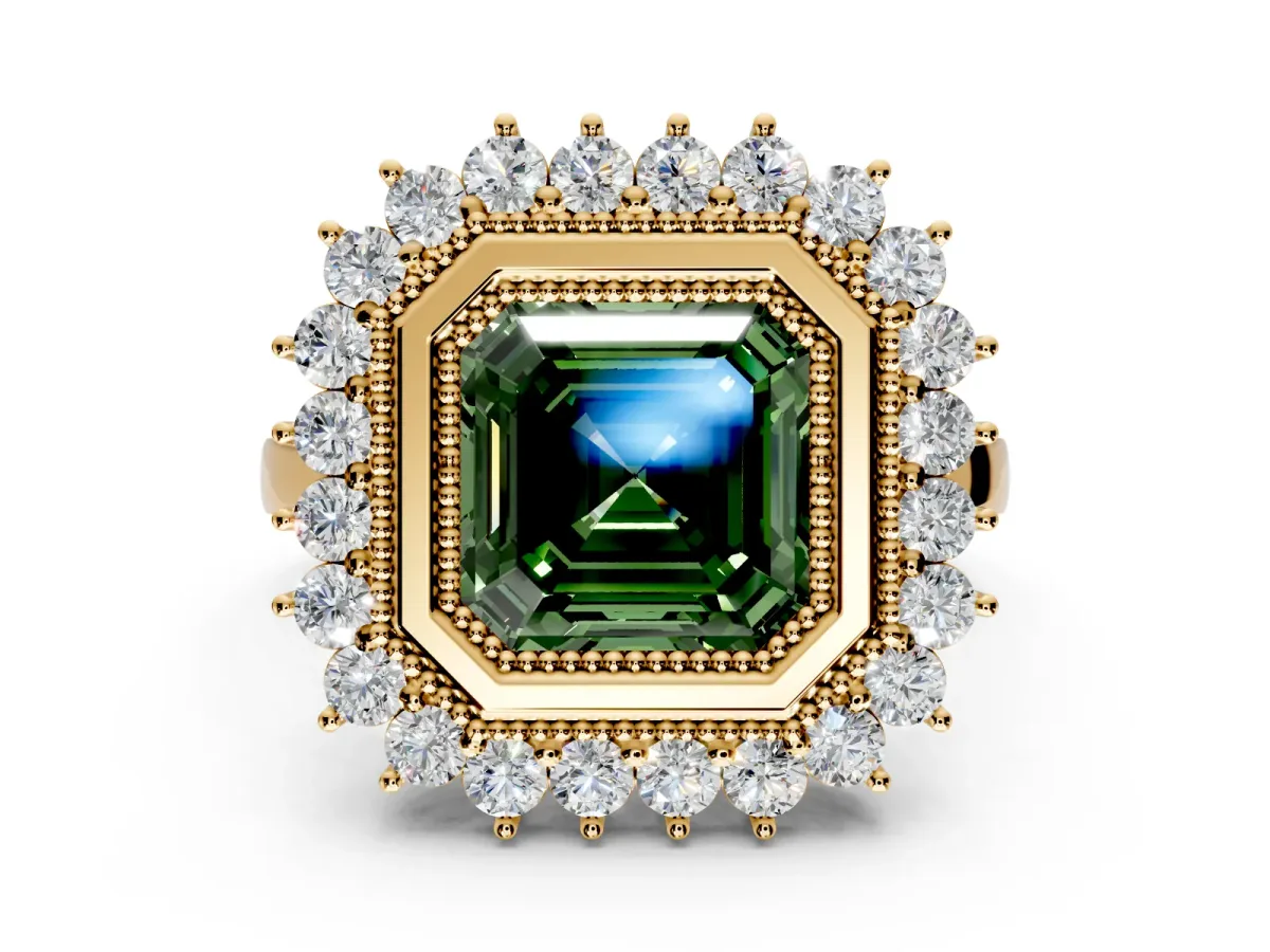 Halo Engagement Ring Setting for Fancy Green Asscher Cut Center with Milgrain Bezel Rim, Plain Band and Prong Head in Yellow Gold