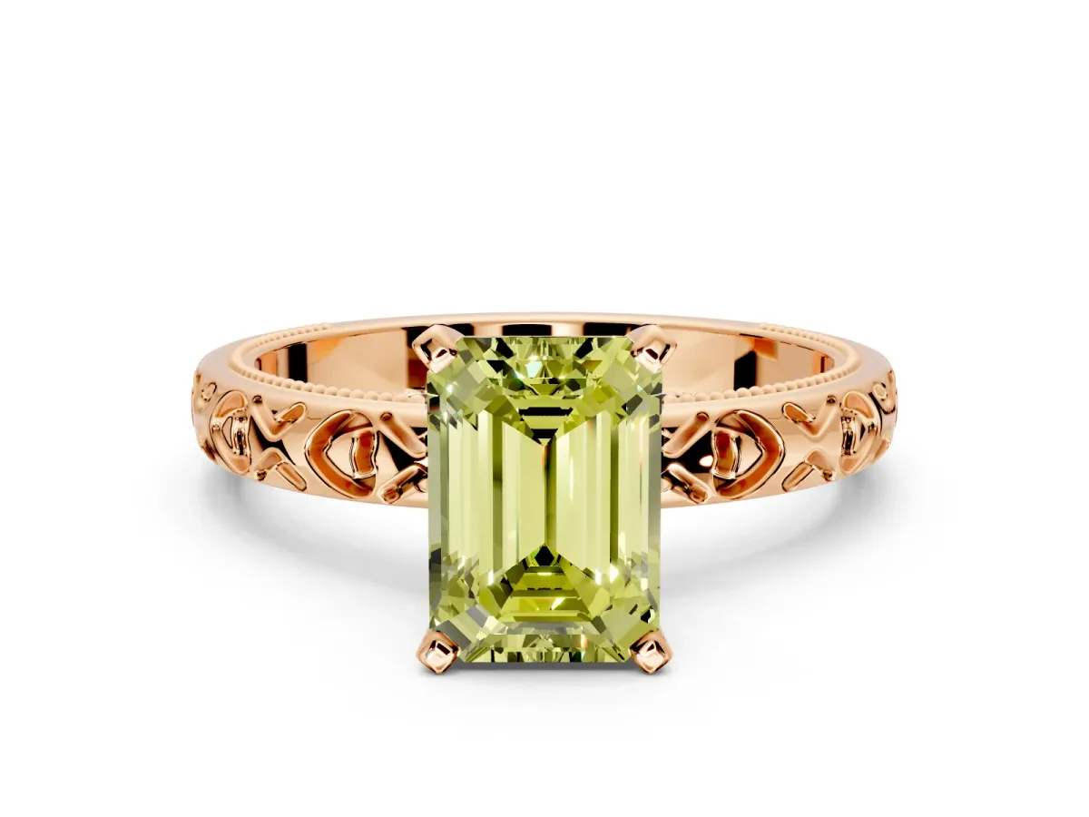 Solitaire Engagement Ring Setting for Fancy Yellow Emerald Cut Center with XO Engraved Band and Prong Head in Rose Gold