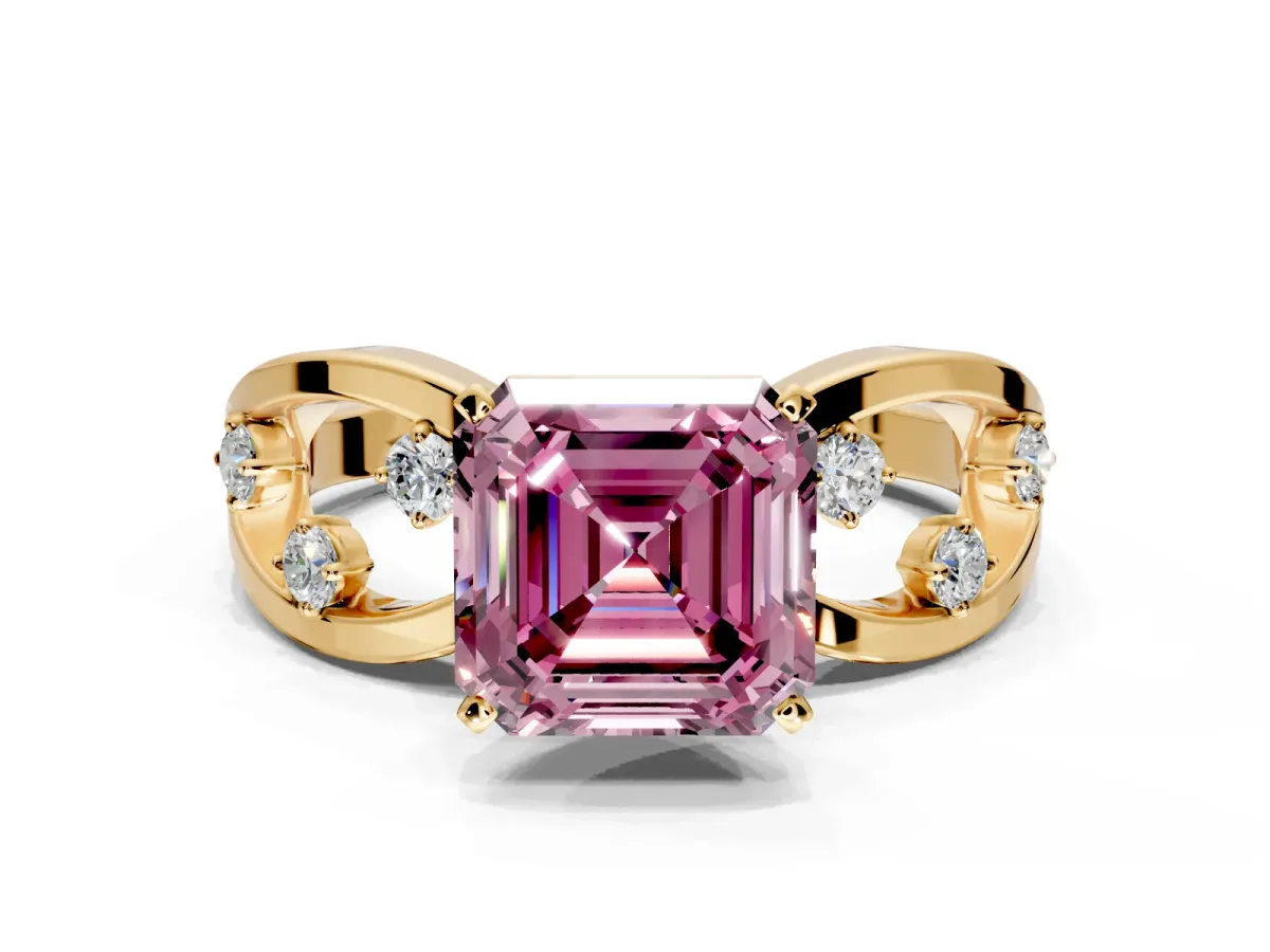 Solitaire Engagement Ring Setting for Fancy Pink Asscher Cut Center with Criss-Cross Accent Band and Prong Head in Yellow Gold