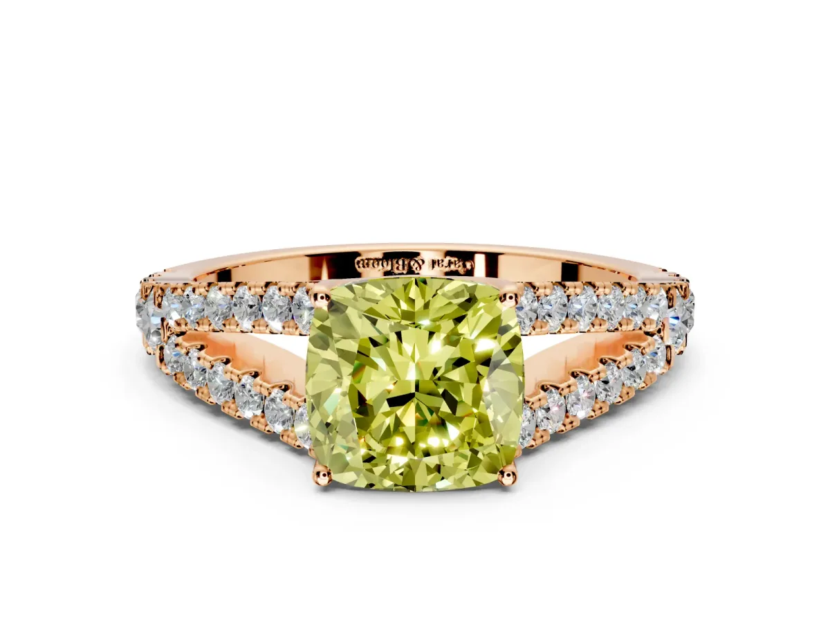 Solitaire Engagement Ring Setting for Fancy Yellow Cushion Cut Center with Pave Split Shank and Prong Head in Rose Gold