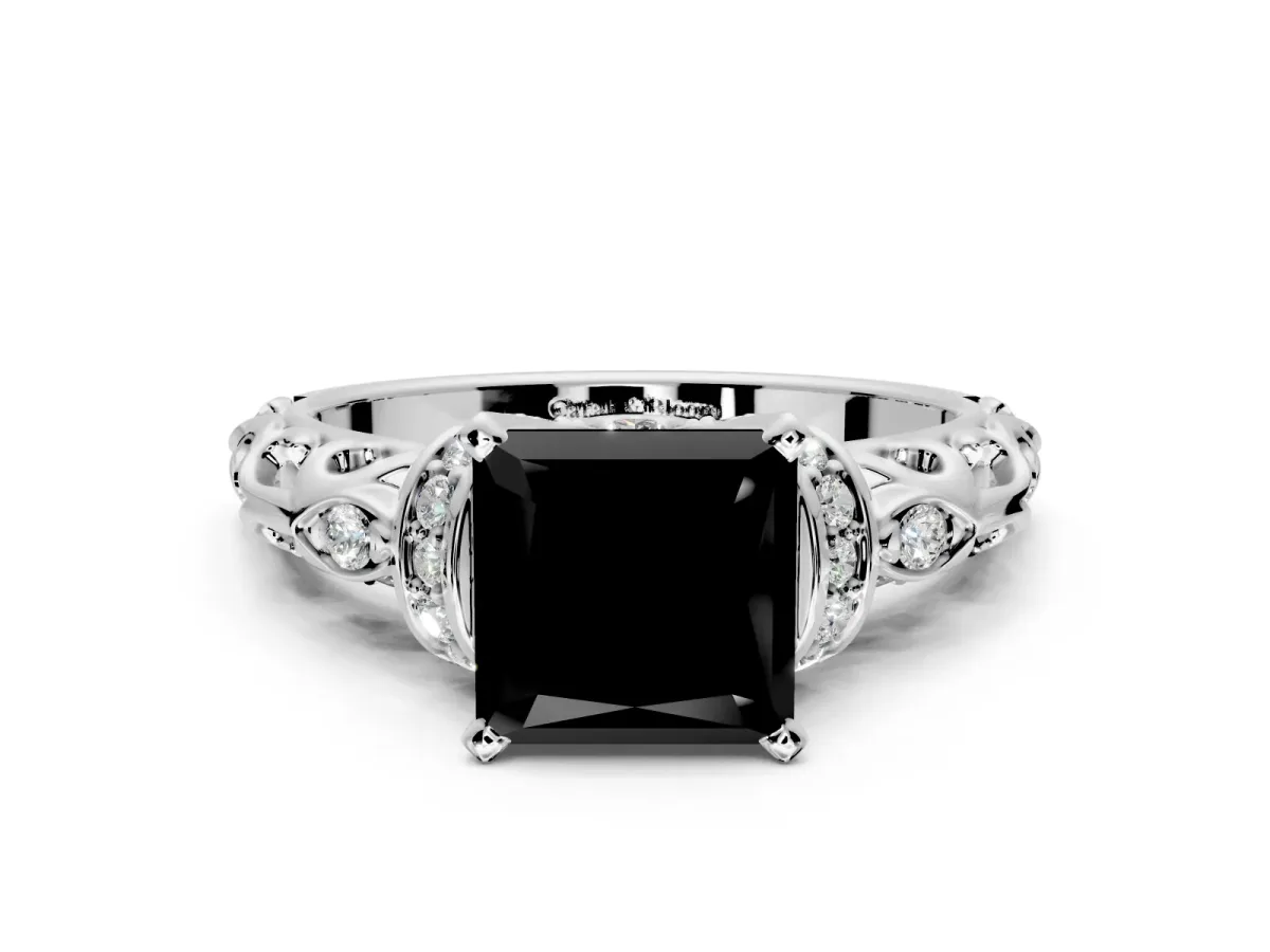 Solitaire Engagement Ring Setting for Fancy Black Princess Cut Center with Filigree Band and Prong Head in White Gold