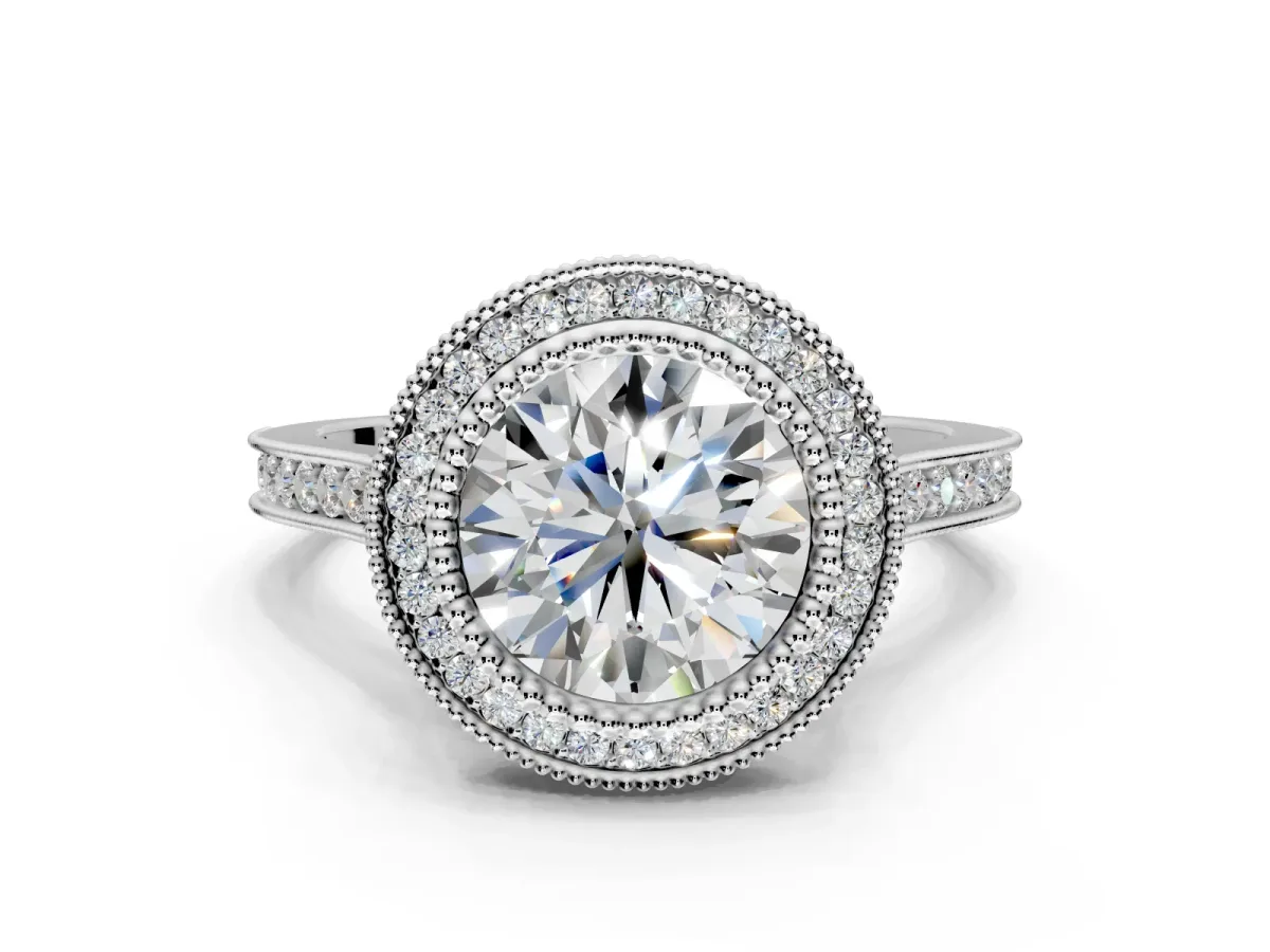 Halo Engagement Ring Setting for Round Cut Center with Milgrain Frame, Pave Band and Prong Head in Platinum