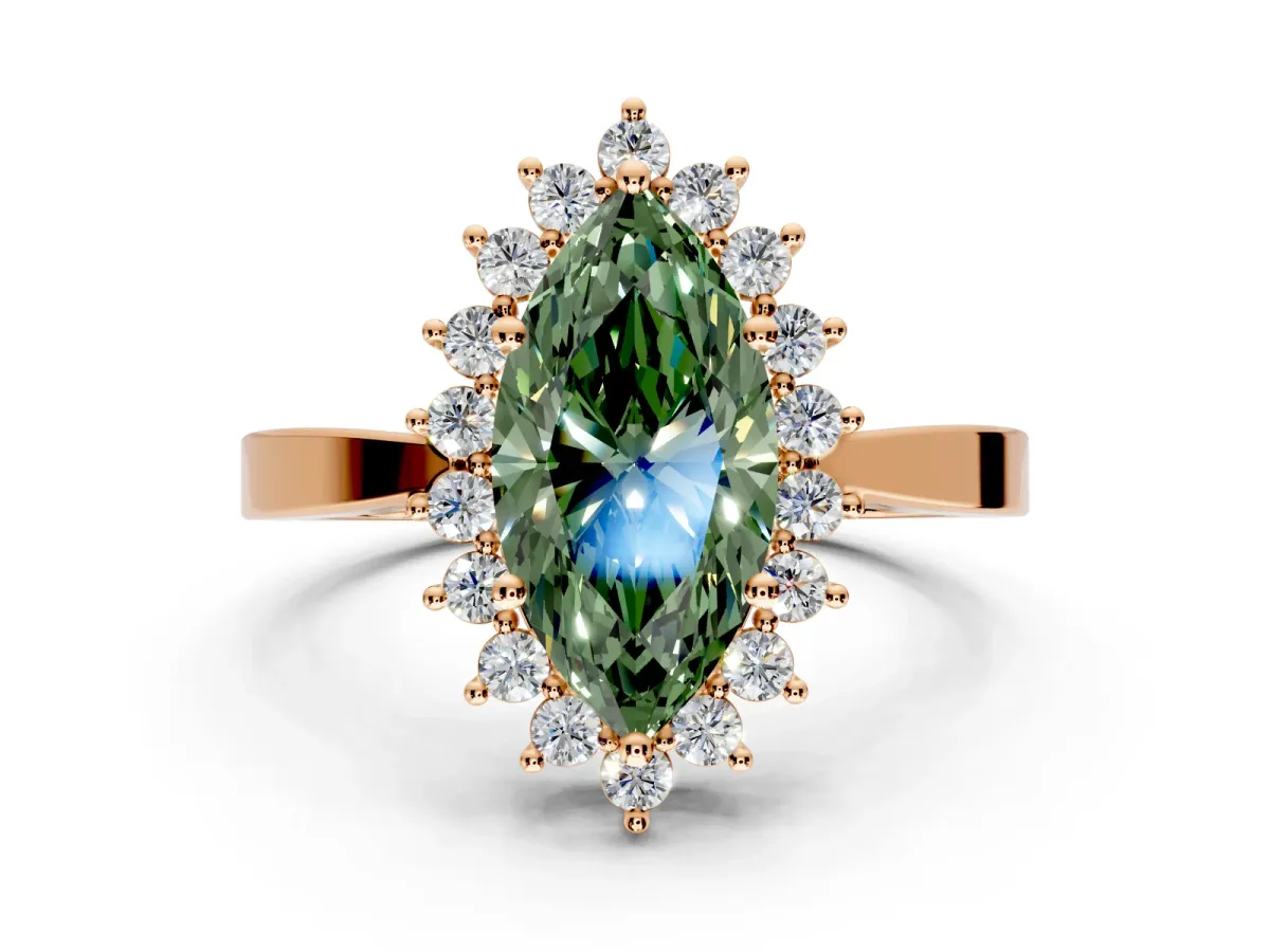 Starburst Halo Engagement Ring Setting for Fancy Green Marquise Center with Flat Cathedral Band and Prong Head in Rose Gold