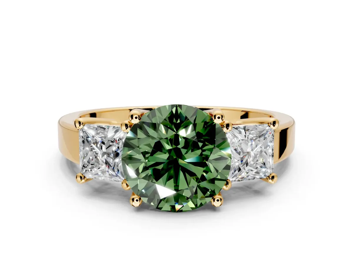 3 Stone Engagement Ring Setting for Fancy Green Round Cut Center with Matching Side Accents and Prong Head in Yellow Gold