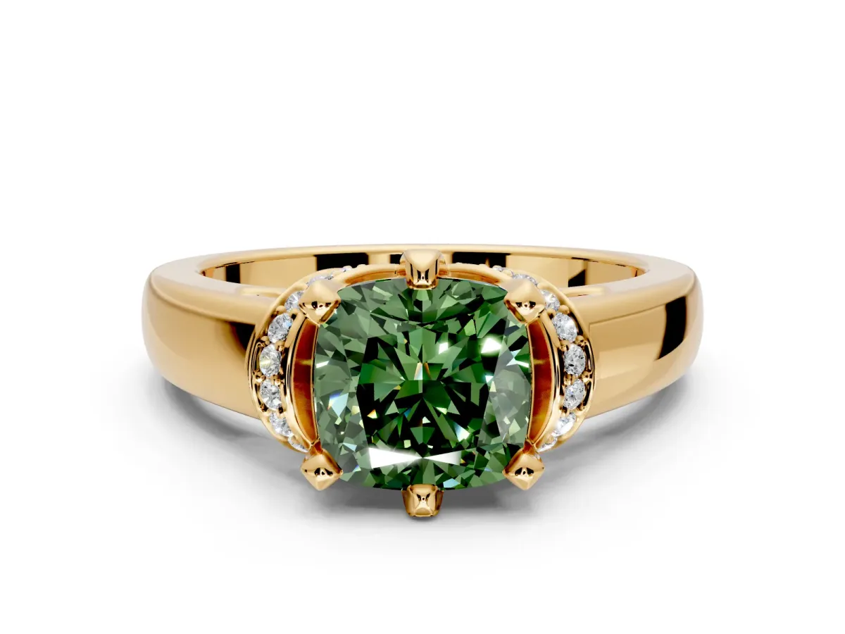 Solitaire Engagement Ring Setting for Fancy Green Cushion Cut Center with Wide Band, Pave Collar and Prong Head in Yellow Gold