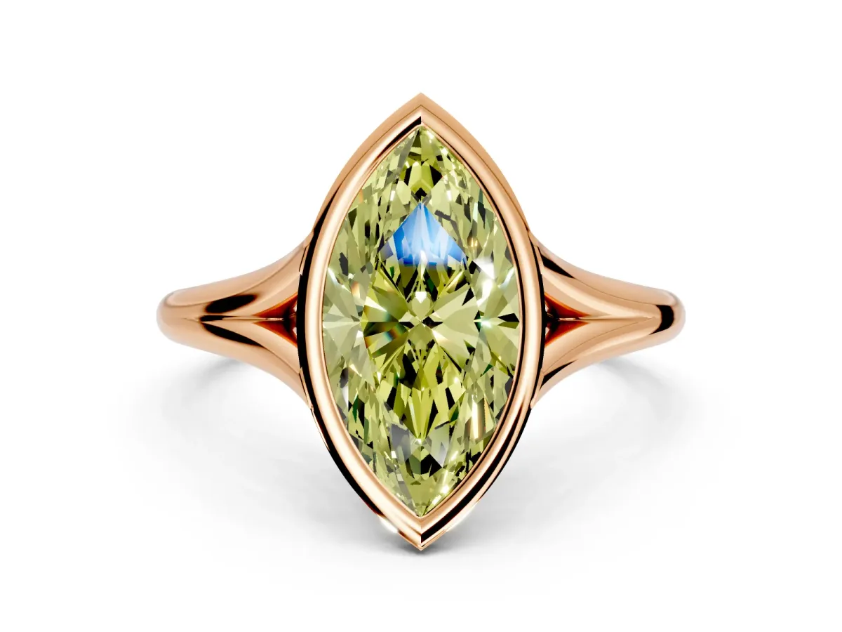 Solitaire Engagement Ring Setting for Fancy Yellow Marquise Center with V Split Shank and Bezel Head in Rose Gold