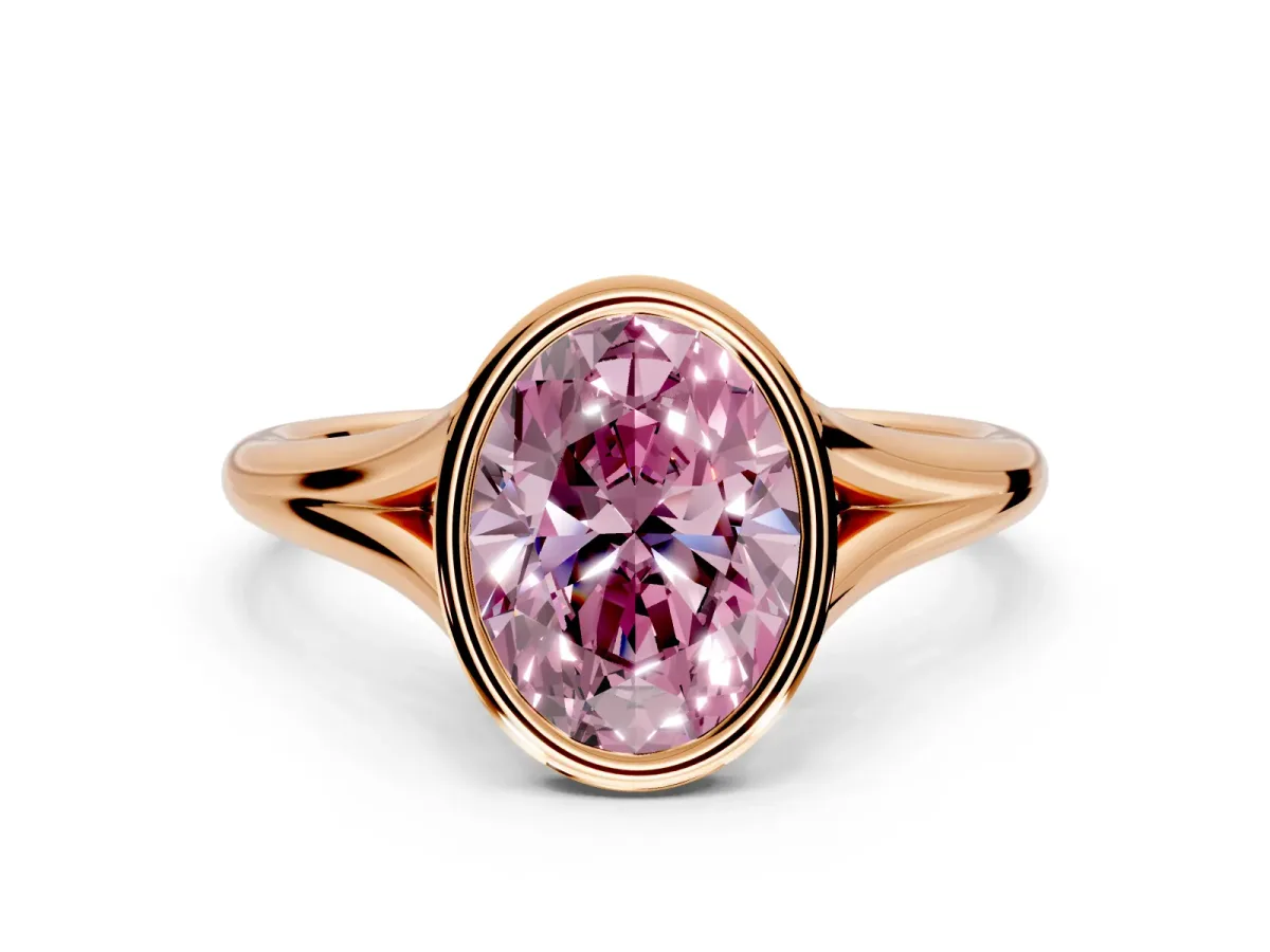 Solitaire Engagement Ring Setting for Fancy Pink Oval Center with V Split Shank and Bezel Head in Rose Gold