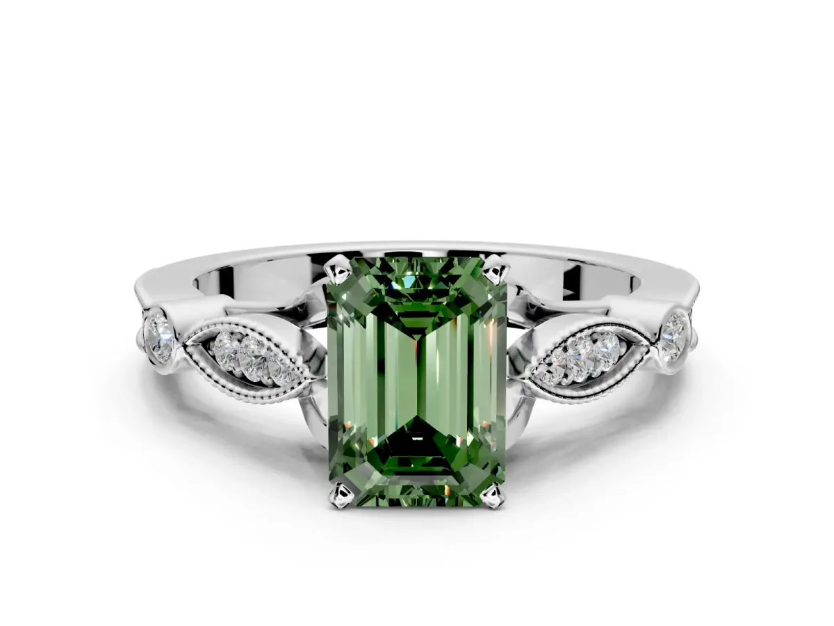 Solitaire Engagement Ring Setting for Fancy Green Emerald Cut Center with Marquise and Bezel Accents and Prong Head in Platinum