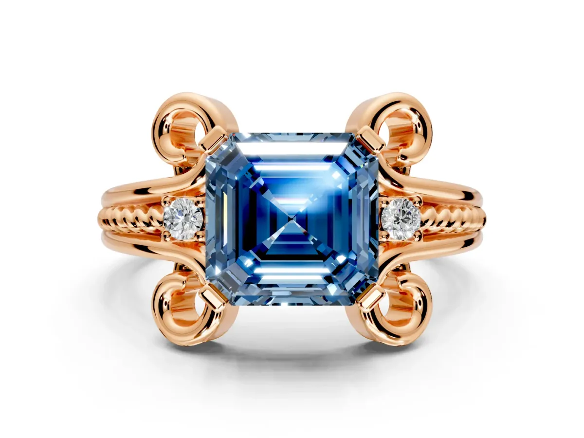 Solitaire Engagement Ring Setting for Fancy Blue Asscher Cut Center with Twisted Band and Scroll Prong Head in Rose Gold
